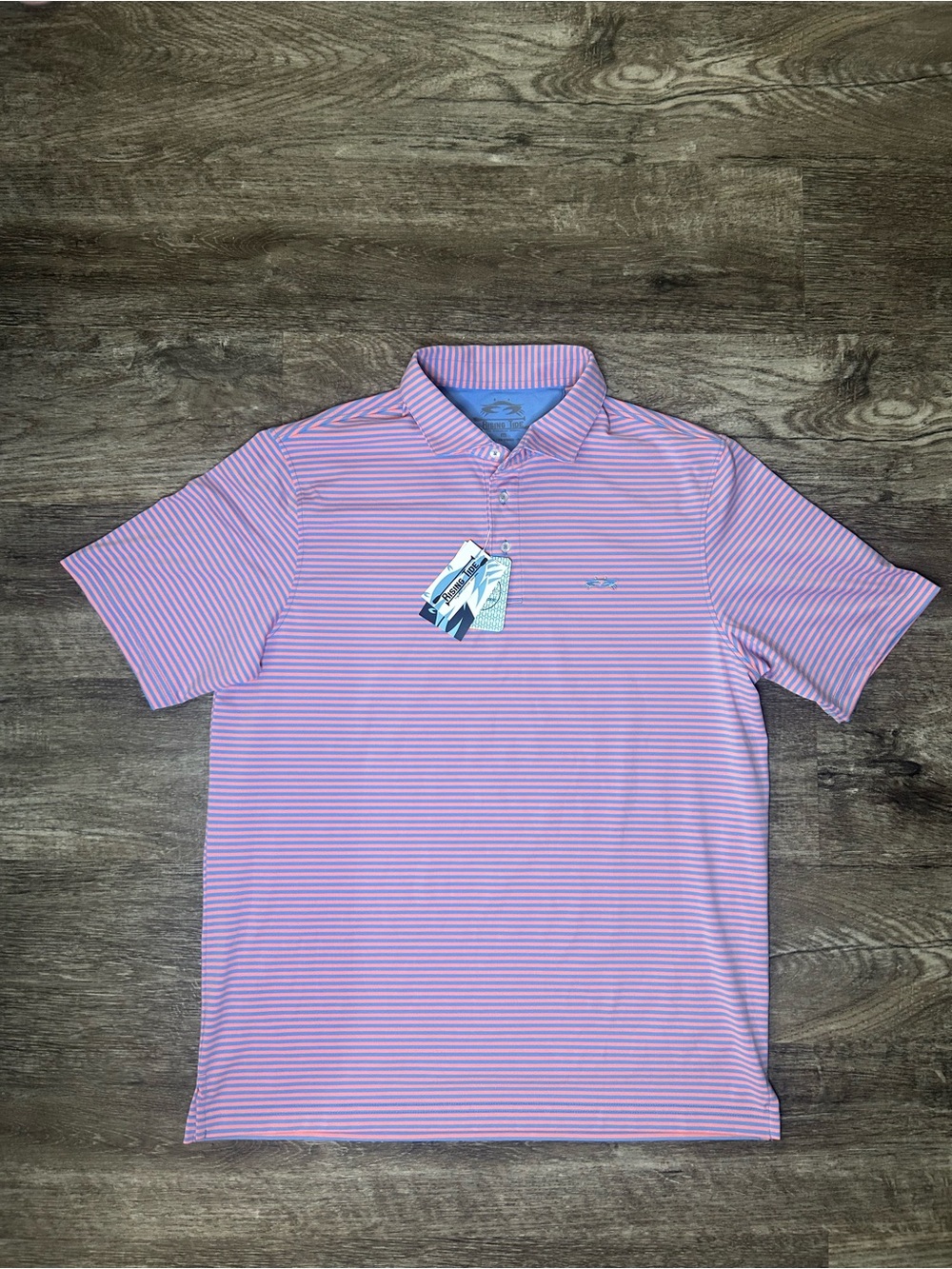 Rising Tide Men's Medium Pink Blue Striped Performance Golf Polo Shirt NWT